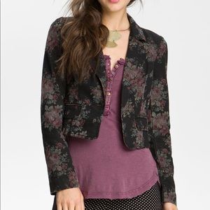 Free People Cropped Floral Print Denim Jacket